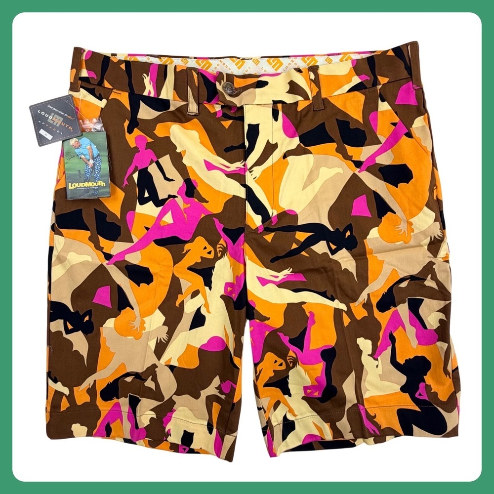 Loudmouth Pin-Up Girls Camo Golf Shorts Men 36 Orange Pink Tango Stretch 10.5"